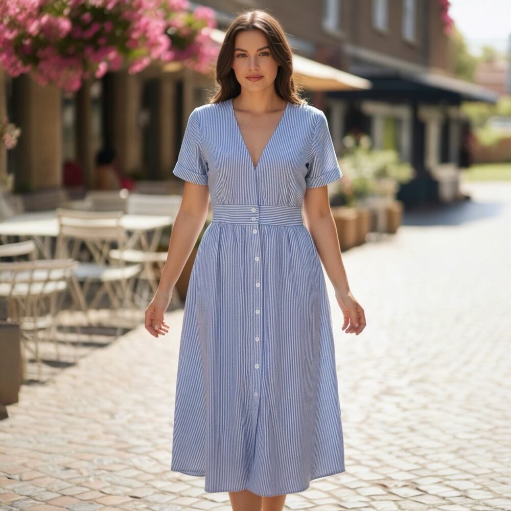 Rokoko Blue White Striped Short Sleeve V-Neck Midi Dress 100% Rayon Size Medium